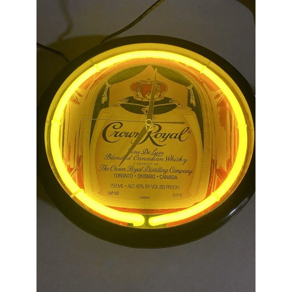 Crown Royal Whisky Bottle Sign Orange Neon Clock Man Cave Bar Garage